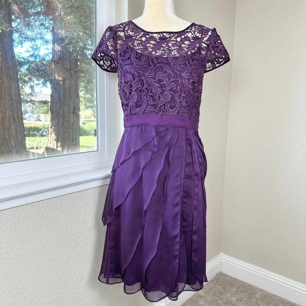 Adrianna Papell Purple Lace Overlay Ruffle Tiered Chiffon Dress Womens 4 Wedding